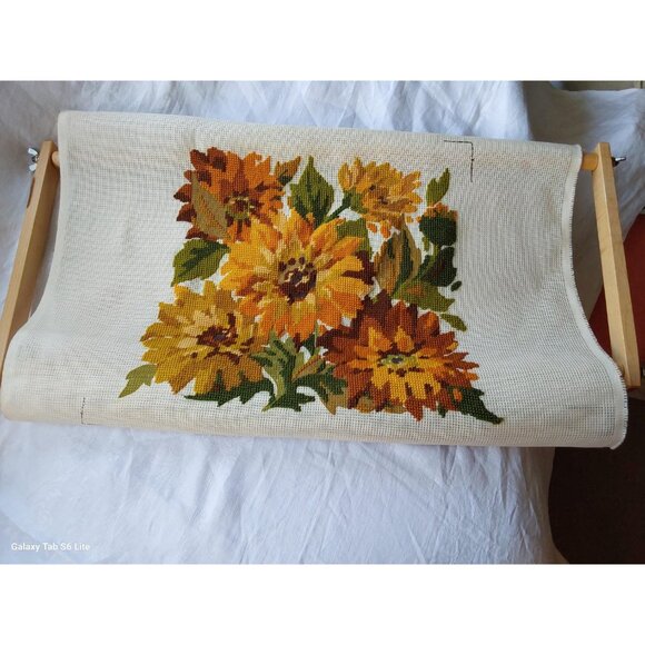 Penelope Soleil sunflower needlepoint canvas partially completed on wood frame - Picture 2 of 8